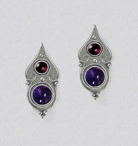 Sterling Silver Gothic Look Post Stud Earrings With Iolite And Garnet